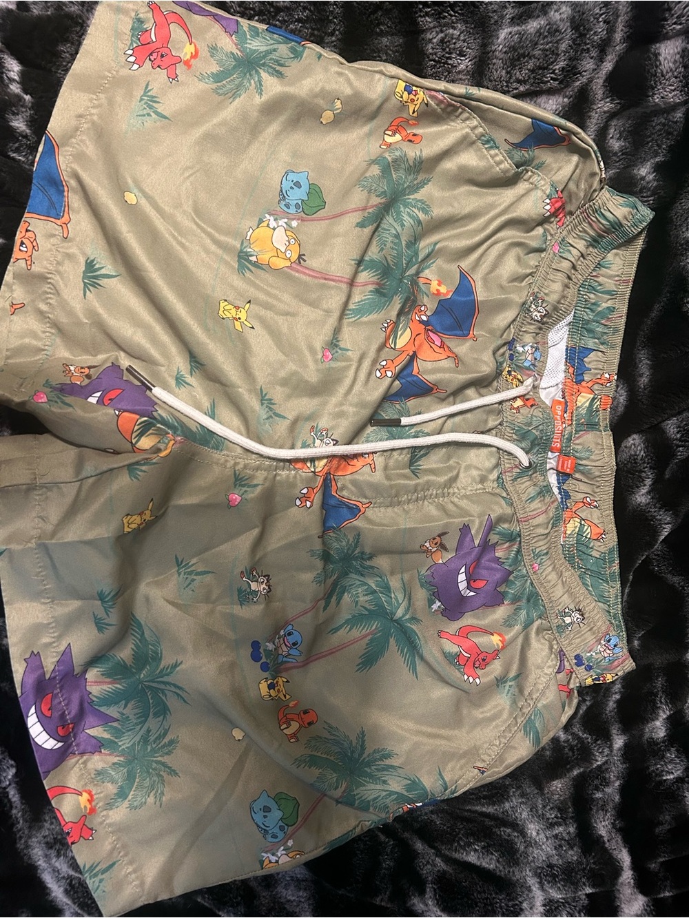 OppoSuits Olive Tropical Pokémon Swim Shorts with Multicolor Character Print